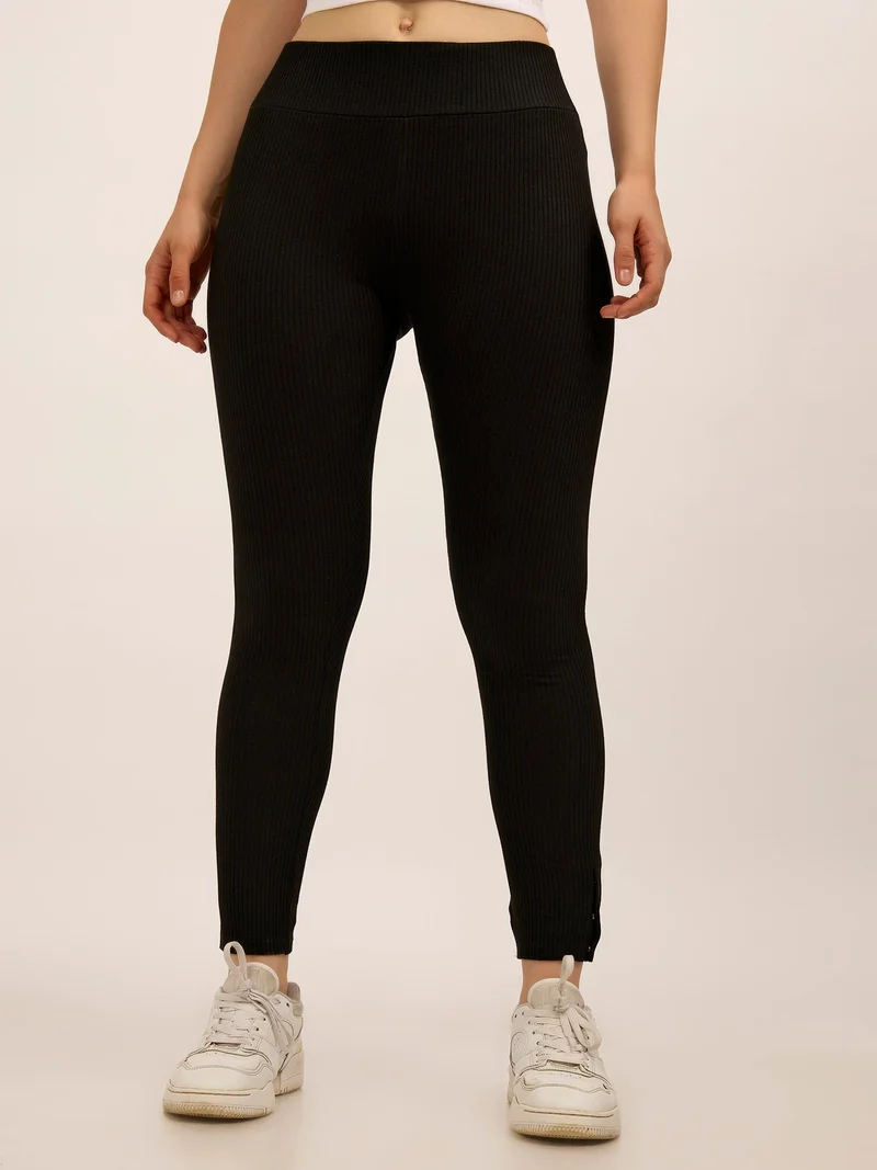 OUTZIDR Black Ribbed Basic Solid Leggings
